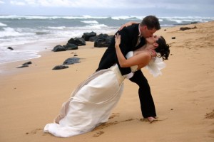 Passionate kiss after a beach wedding in Mauritius