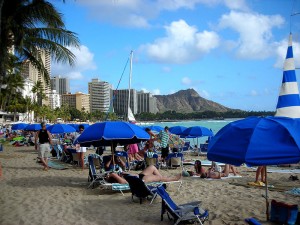 Lounging on the beach in Waikiki, Hawaii